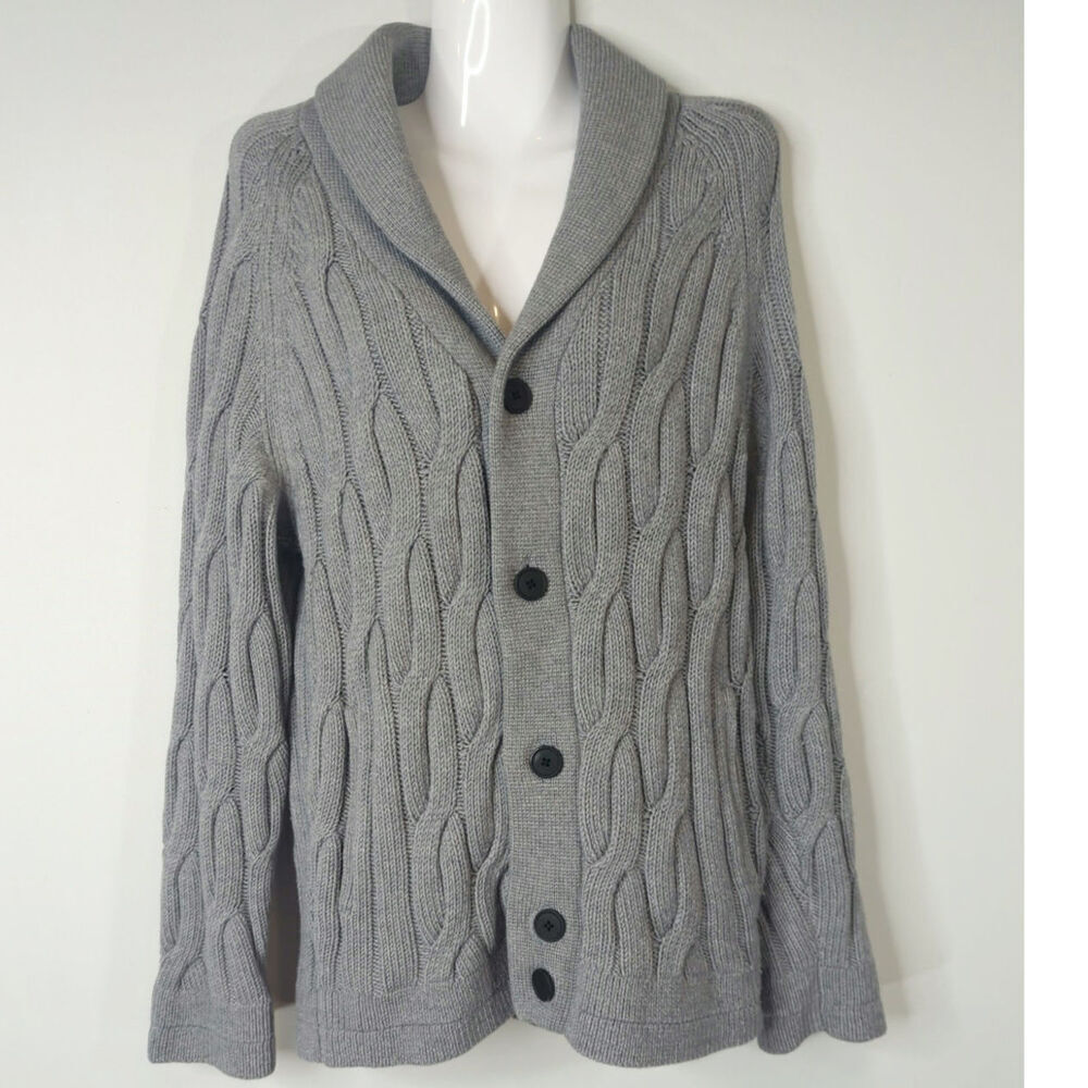 Theory Gray Merino Wool Cable Knit Shawl Knit Button Cardigan Sweater Women's M